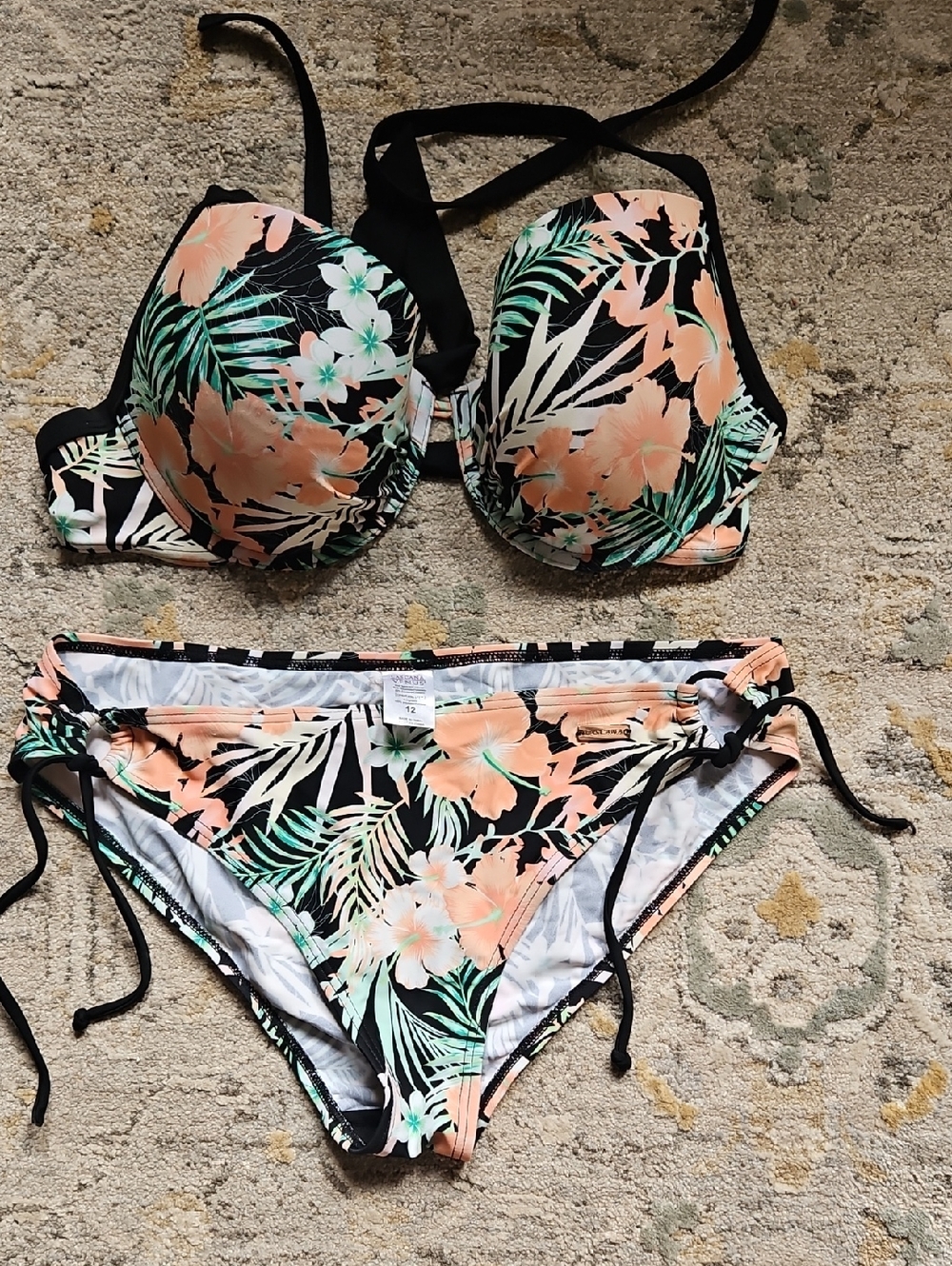 Lascana Venus Floral Bikini Bottoms - Peach & Mint on Black